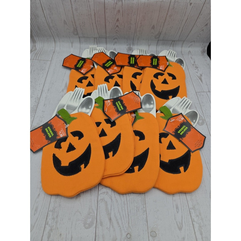 8 Pumpkin Themed Cloth Utensil holders orange